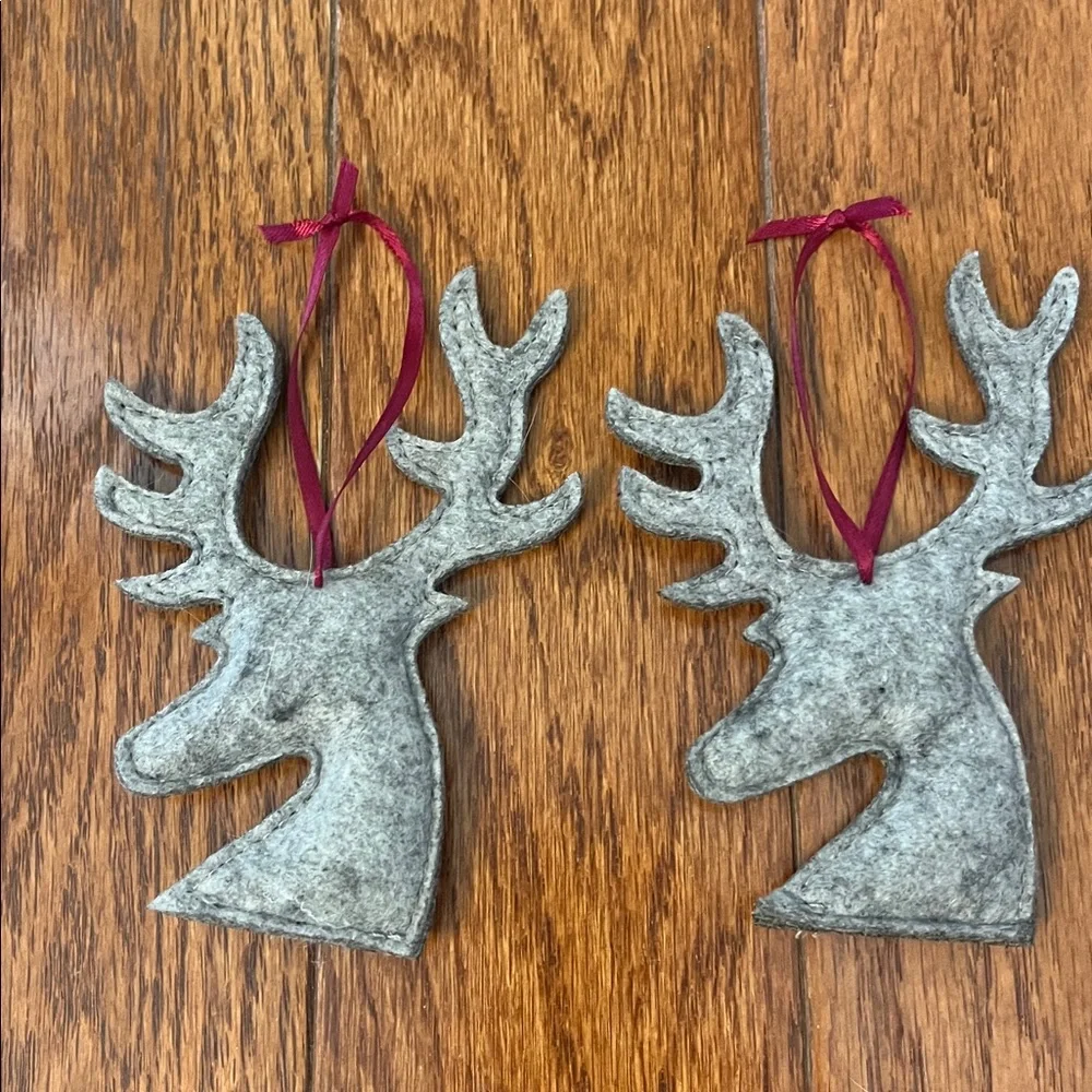 Set of 2 Gray Felt Buck Deer Stag Head Antler  Ornaments